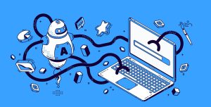 Illustration d’un robot connecté à un ordinateur portable avec des tentacules symbolisant l’intelligence artificielle et le SEO