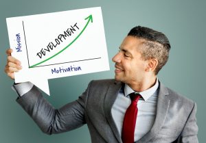 Un homme en costume tient une pancarte avec un graphique montrant la croissance du développement grâce à la motivation et à la mission