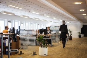 Des personnes travaillent dans un bureau moderne et lumineux, avec des bureaux ouverts et des ordinateurs
