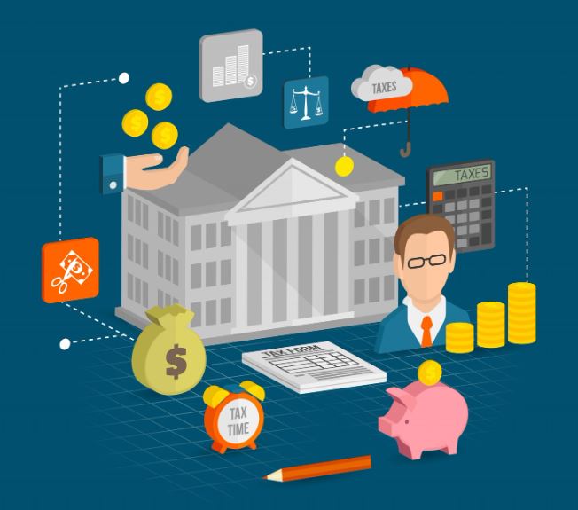 Un grand bâtiment officiel gris entouré d'un conseiller financier et de divers documents comme des formulaires d'impôts