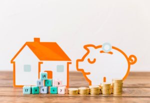 Une icône de maison blanche et orange avec de petits cubes numérotés devant