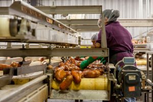 Des ouvrières équipées de charlottes et de gants trient manuellement des patates douces défilant sur une chaîne de convoyeur industrielle.